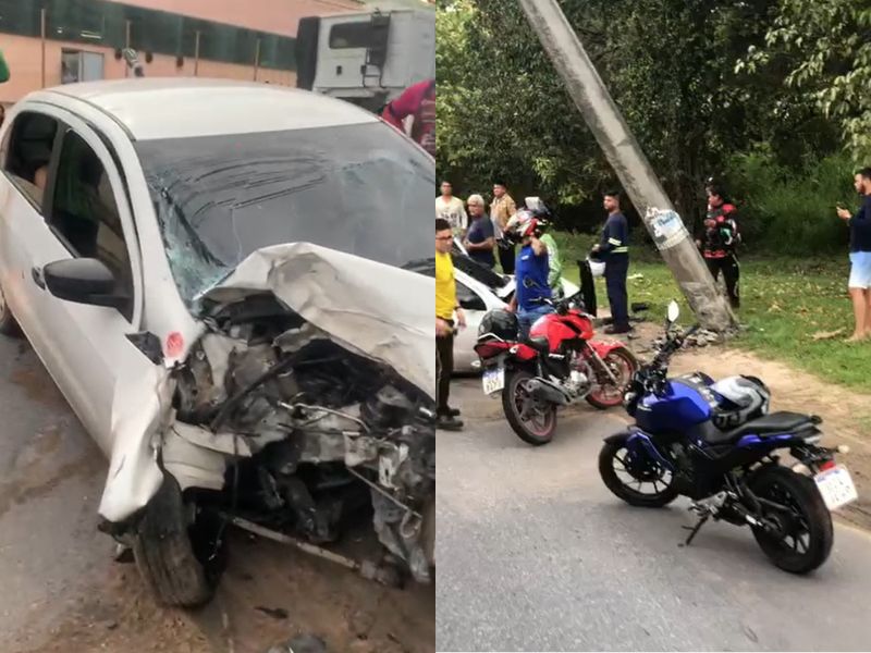 Carro bate em poste e deixa 3 feridos em Manaus