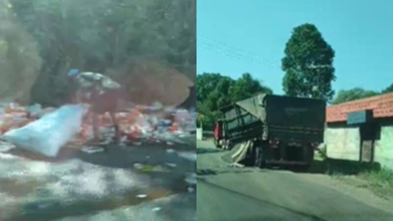 Carreta deixa carga espalhada em estrada de Manaus