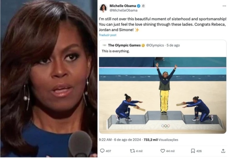 Michelle Obama celebra gesto de reverência a Simone Biles e Jordan Chiles em homenagem a Rebeca Andrade nas Olimpíadas de Paris