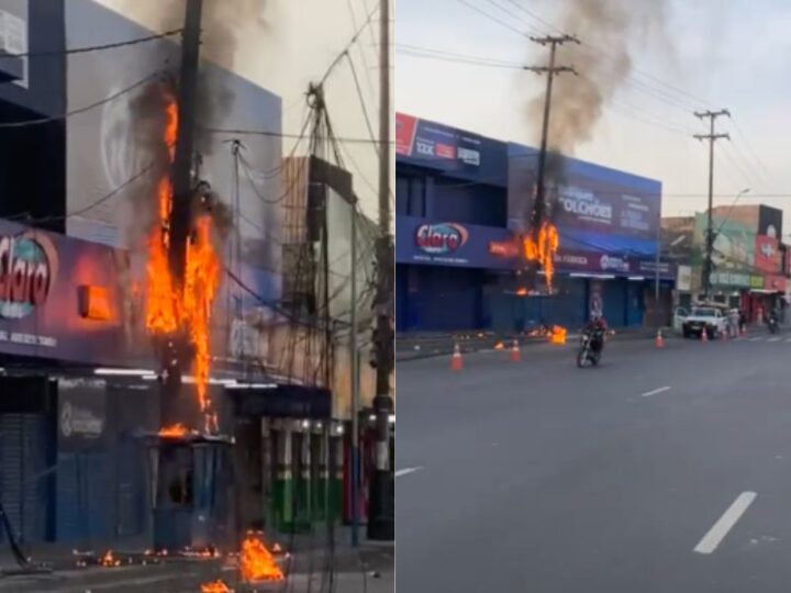 Fiação de poste pega fogo e causa transtornos no trânsito em Manaus