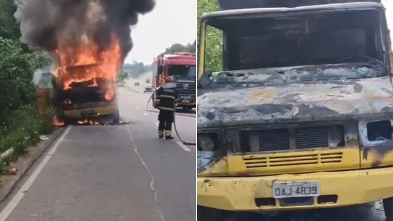 Funcionários quase são carbonizados em incêndio de véiculo em Manaus; veja vídeo