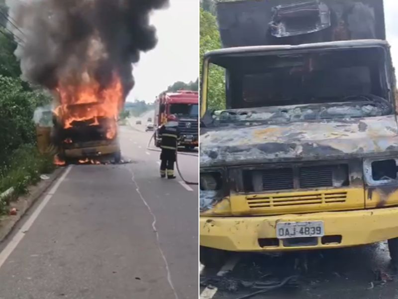 Funcionários quase são carbonizados em incêndio de véiculo em Manaus; veja vídeo