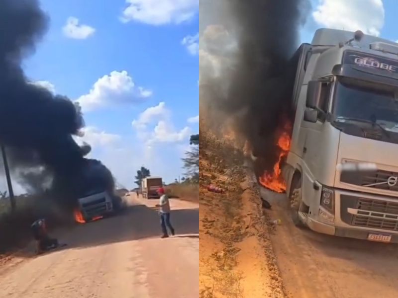 Caminhão pega fogo e quase explode em trecho crítico da BR-319
