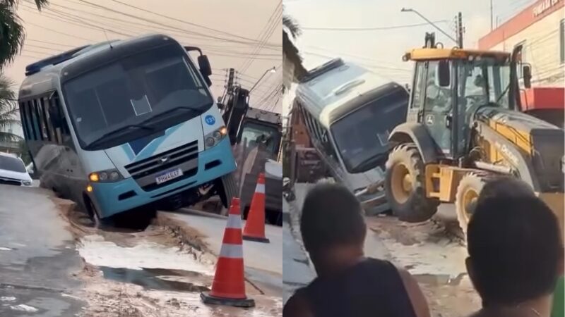 Cratera de obra inacabada engole ônibus e deixa trânsito caótico em Manaus