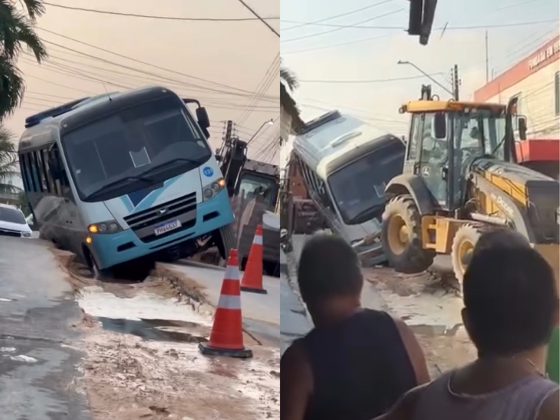 Cratera de obra inacabada engole ônibus e deixa trânsito caótico em Manaus