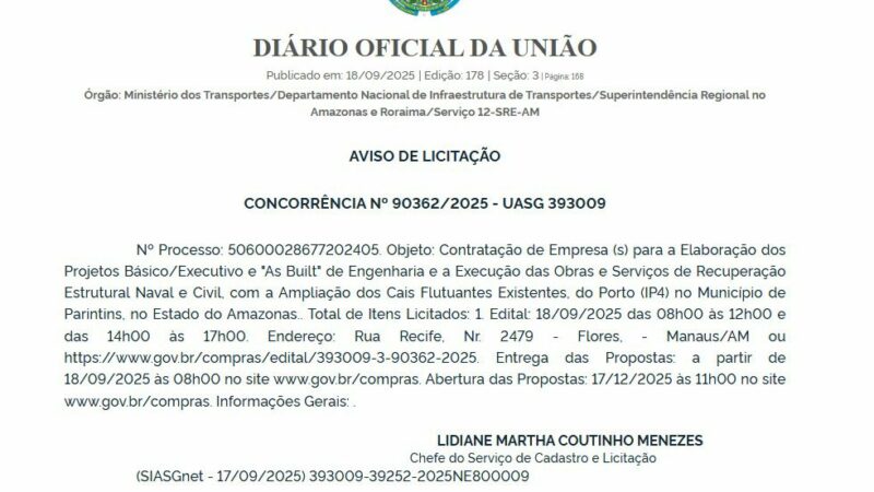 Saullo Vianna anuncia licitação de R$ 48 milhões para revitalização do Porto de Parintins