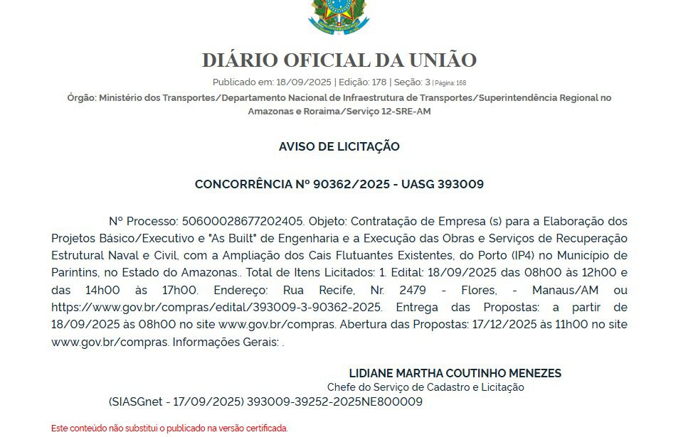 Saullo Vianna anuncia licitação de R$ 48 milhões para revitalização do Porto de Parintins