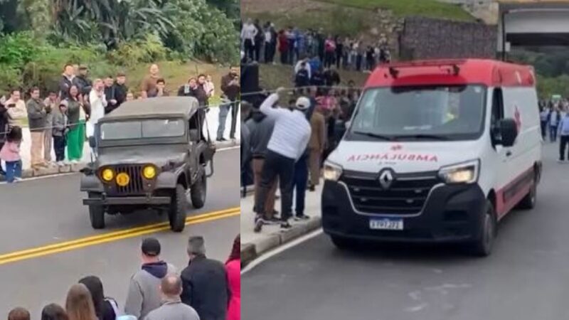 Jipe desgovernado atropela mãe com criança no colo durante desfile militar em SC