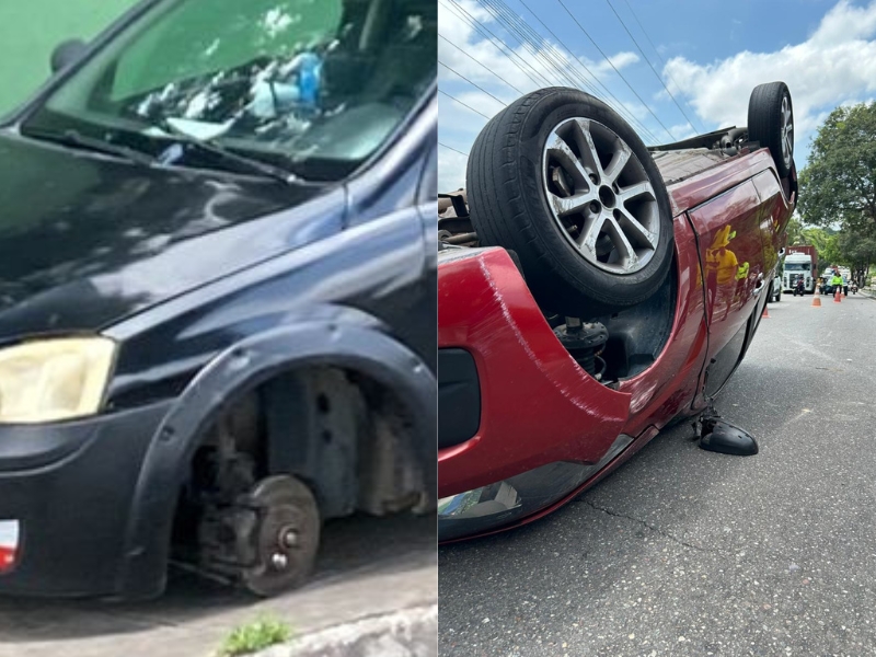 Roda que se soltou de picape fez carro capotar com idosa na Av. Rodrigo Otávio
