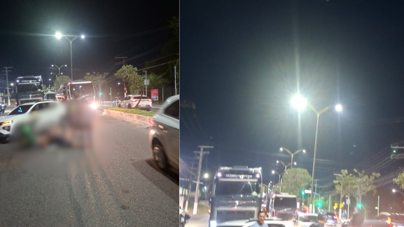 Motociclista cai e fica no chão da via na Avenida Rodrigo Otávio, em Manaus