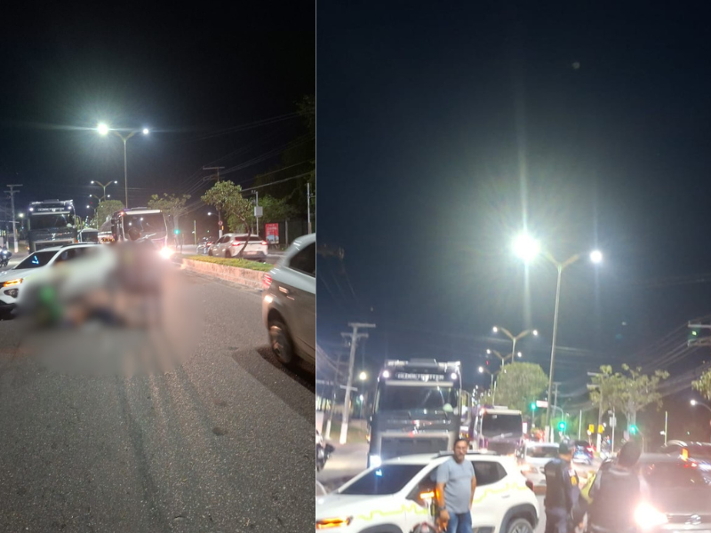 Motociclista cai e fica no chão da via na Avenida Rodrigo Otávio, em Manaus