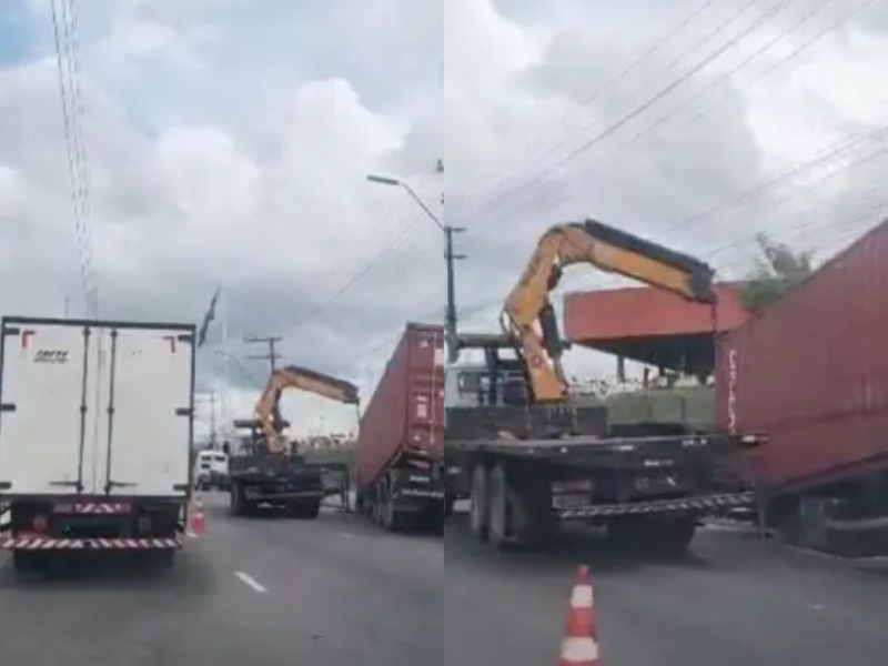 Contêiner se solta de carreta na Avenida Autaz Mirim, em Manaus; VÍDEO