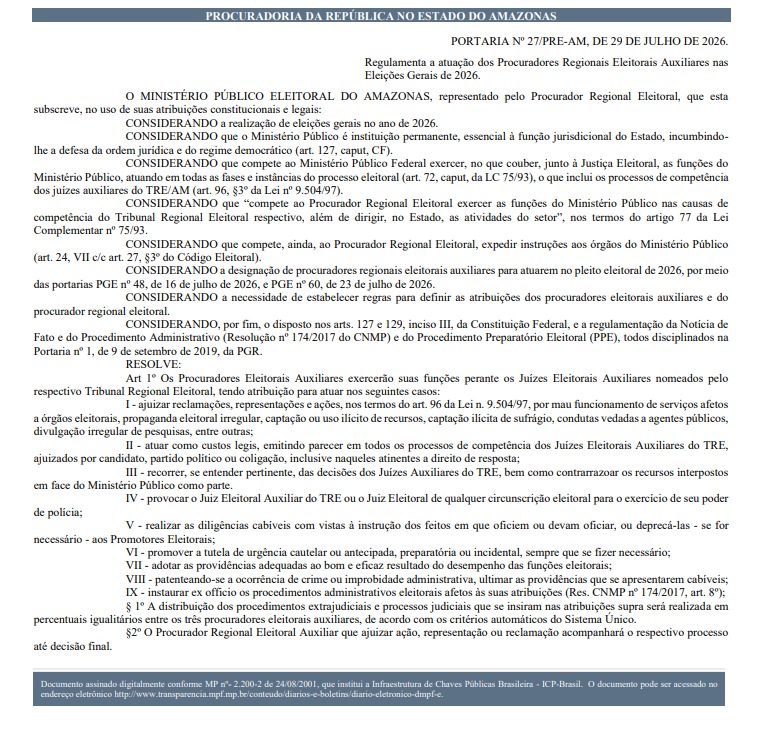MPE-AM regulamenta atuação de procuradores para eleições de outubro
